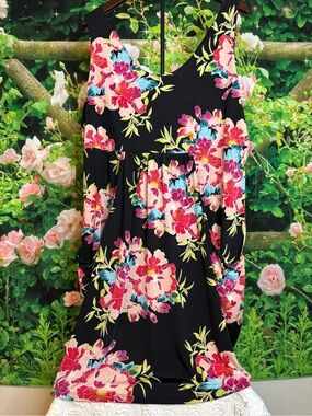 Black Floral Sleeveless Mini Dress with Pink & Blue Blooms